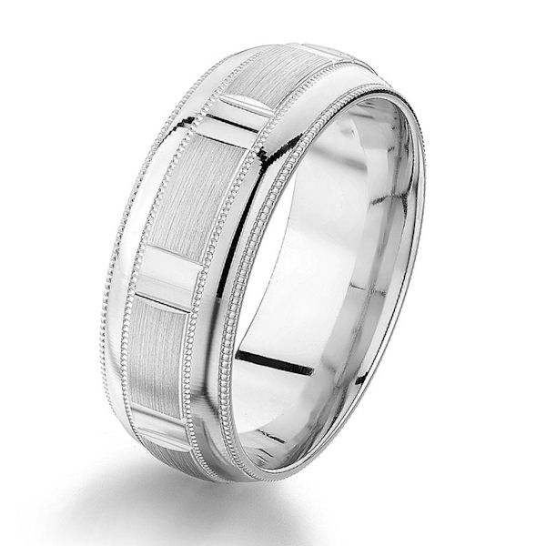 Item # G86858WE - 18kt white gold, 8.0 mm, designed, comfort fit wedding ring. The center of the ring has a mix of brushed and polished finish with milgrain accents. The edges are polished. Other finishes may be selected or specified. The ring is 8.0 mm wide. 