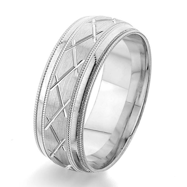 Item # G86861WE - 18kt white gold, carved, 8.0 mm wide, comfort fit wedding ring. The center of the ring has a carved pattern in brushed finish with milgrain accents. The edges are polished and with a milgrain edge. Other finishes may be selected or specified. The ring is 8.0 mm wide. 