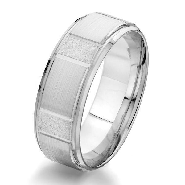 Item # G87115W - 14kt white gold, 8.0 mm wide, classic, comfort fit wedding ring. The center of the ring has a mix of brushed and sandblast finish with the outer edges being polished. Other finishes may be selected or specified. The ring is 8.0 mm wide. 