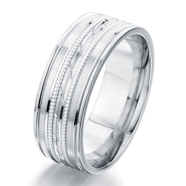 Item # G87152WE - 18kt white gold,8.0 mm wide, engraved with milgrain, comfort fit wedding ring. The ring is made with an engraved design and milgrain accents with polished finish. Other finishes may be selected or specified. The ring is 8.0 mm wide. 