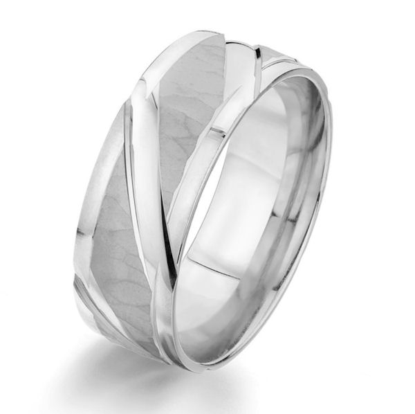 Item # G87155W - 14kt white gold, 8.0 mm wide, carved, comfort fit wedding ring. The ring has a mix of hammered brush finish and polished finish. The ring is 8.0 mm wide. 