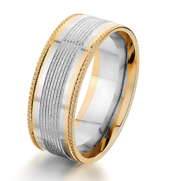 Item # G87175E - 18kt two-tone gold, 8.0 mm wide, carved & designed, comfort fit wedding ring. The ring is made up of white gold and yellow gold with a mix of finishes. The edges of the ring have a pattern around the whole ring. The ring is 8.0 mm wide. 