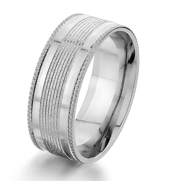 Item # G87175WE - 18kt white gold, 8.0 mm wide, carved & designed, comfort fit wedding ring. The ring is made up of a mix of finishes & carved designs. The edges of the ring have a pattern around the whole ring. The ring is 8.0 mm wide. 