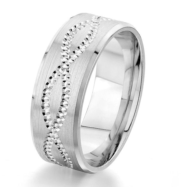 Item # G87186WE - 18kt white gold, designed, 8.0 mm wide, comfort fit wedding ring. The center of the ring has a design around the whole ring with a brush finish and polished edges. The ring is 8.0 mm wide.  