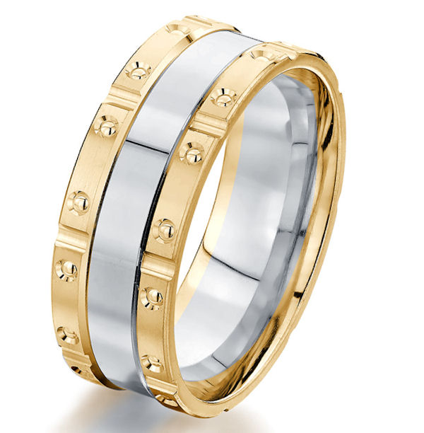 Item # G87204 - 14kt two-tone gold, brick design, 8.0 mm wide, comfort fit wedding band. The ring is all polished. Other finishes may be selected or specified. 