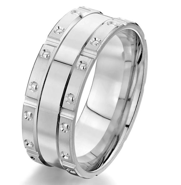 Item # G87204W - 14kt white gold, brick design, 8.0 mm wide, comfort fit wedding band. The ring is all polished. Other finishes may be selected or specified. 