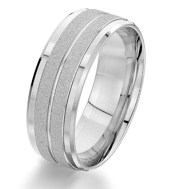 Item # G87207W - 14kt white gold, 8.0 mm wide, comfort fit wedding ring. The center of the ring is with a sandblast finish and the edges are with a polished finish. Other finishes may be selected or specified. The ring is 8.0 mm wide. 