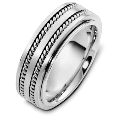 Item # H125571PP - Platinum, 8.0 mm wide, comfort fit, wedding band. The wedding band is approximately 2.5mm thick rotating center can be made not to spin. There are two hand made ropes inlayed in the center of the ring. The finish on the ring is polished. Other finishes may be selected or specified.