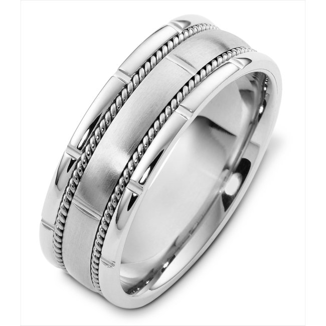 Item # H125731WE - 18K white gold , 7.5 mm wide, hand made, comfort fit wedding band. There are two hand made ropes in the band. The finish on the ring is matte. Other finishes may be selected or specified.