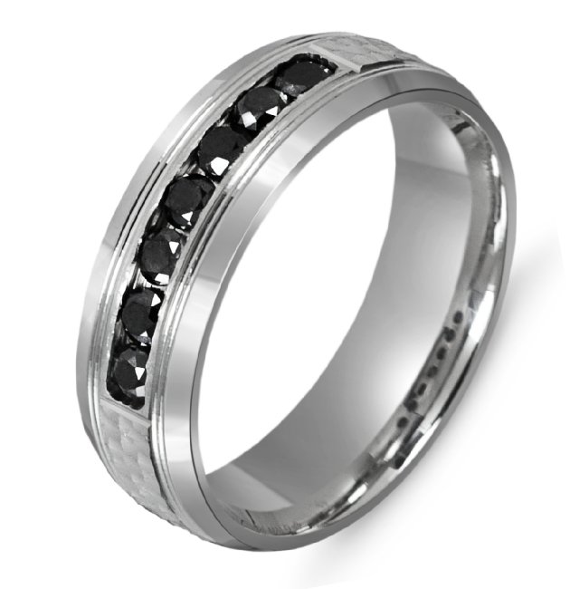 Item # M301007W - 14K white gold, 7.0mm wide, comfort fit black diamond wedding band. The wedding band holds 7 diamonds with 0.49ct total weight.
