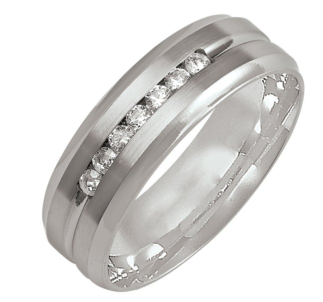 Item # M305997W - 14K white gold, comfort fit, 7.0mm wide diamond wedding band. The wedding band holds 7 round brilliant cut diamonds with total weight of 0.25ct. The diamonds are graded as G-H in color, VS in clarity.