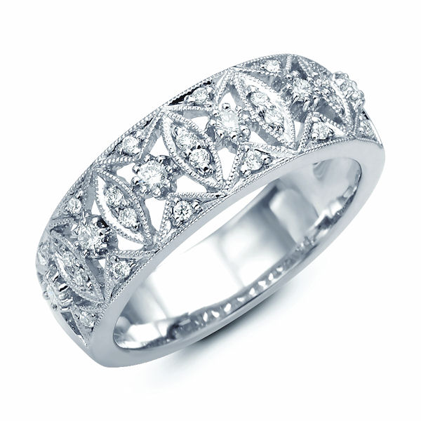 Item # M31746WE - 18kt white gold, diamond annivesary ring & fashion ring. There are about 28 round diamonds set in the ring. The diamonds are about 0.27 ct tw, VS1-2 in clarity and G-H in color. There are milgrain around the diamonds for design. 