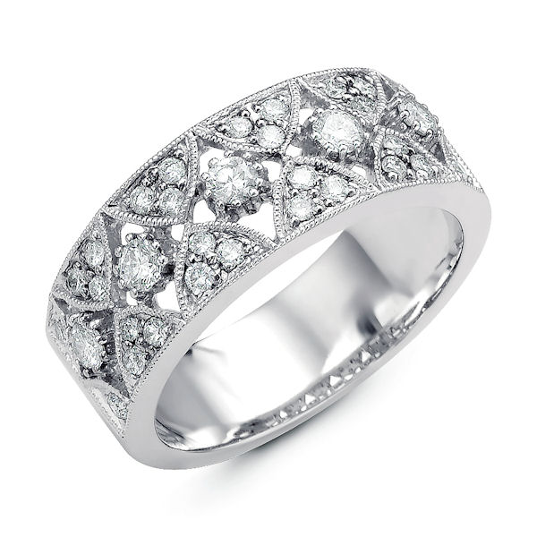 Item # M31747WE - 18k white gold, diamond anniversary ring & fashion ring. There are about 33 round diamonds set in the ring with milgrain edges. The diamonds are about 0.57 ct tw, VS1-2 in clarity and G-H in color. 