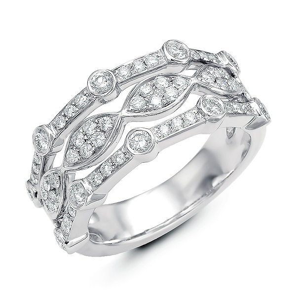 Item # M31749WE - 18kt white gold, diamond anniversary ring & fashion ring. There are 58 round diamonds set in the ring. The diamonds are about 0.80 ct tw, VS1-2 in clarity and G-H in color. 