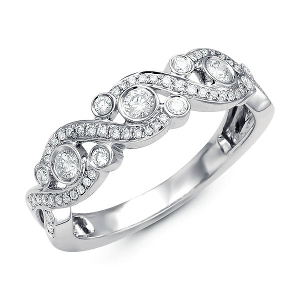 Item # M31909WE - 18kt white gold diamond ring. There are about 63 round brilliant cut diamonds set in the ring. The diamonds are about 0.37 ct tw, VS1-2 in clarity and G-H in color. 