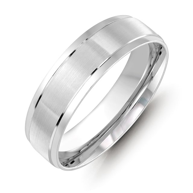 Item # M36088WE - 18kt white gold 6.0mm wide comfort fit wedding band. The ring has satin finish in the center and high polished at the sides. Different finishes are available.