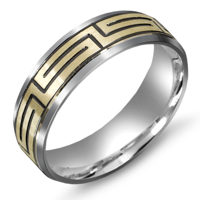 Item # M5751 - 14K two tone gold wedding band with Greek Key design. The wedding band is comfort fit 7.0mm wide. The design is black antiqued. 