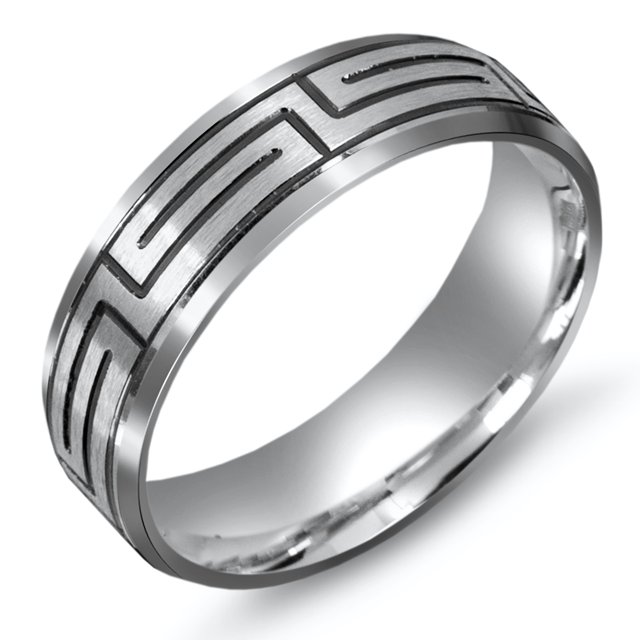 Item # M5751W - 14K two white gold wedding band with Greek Key design. The wedding band is comfort fit 7.0mm wide. The design is black antiqued. 