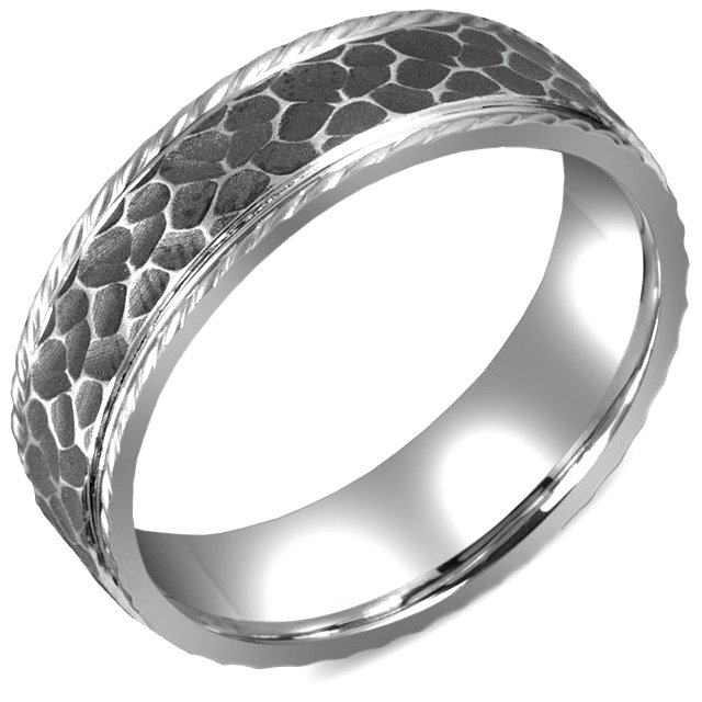 Item # M5755W - 14K white gold hammered finish rugged wedding band . The wedding band is comfort fit 7.0mm wide. The design is black antiqued. 