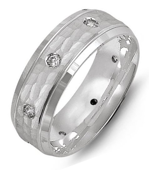 Item # M8967PP - Platinum, comfort fit, 7.0mm wide, center hammered, hand made diamond wedding band. The band has 8 diamonds with total weight of 0.30ct. The diamonds are graded as VS in Clarity, G-H in Color.