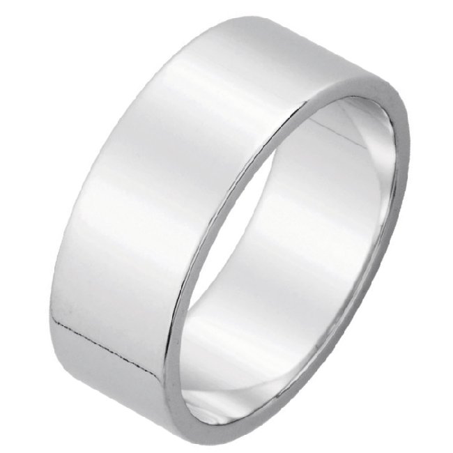 Item # N114771WE - 18K white gold, plain, 7.0 mm wide, flat, wedding band. The ring is completely polished. Different finishes may be selected or specified.