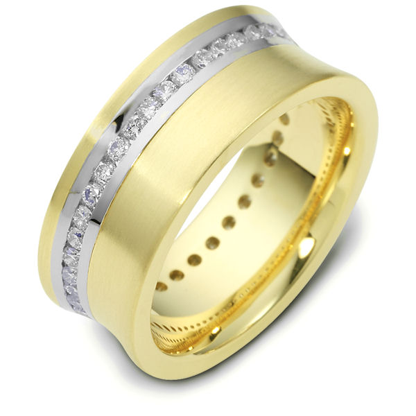 Item # N120191 - 14kt Two tone, white and yellow gold, 8.0 mm wide, comfort fit diamond weddingband. Diamond total weight is approx. 0.76 ct in size 6. Diamonds are graded VS in clarity and G-H in color. The finish on the ring is matte. Other finishes may be selected or specified.