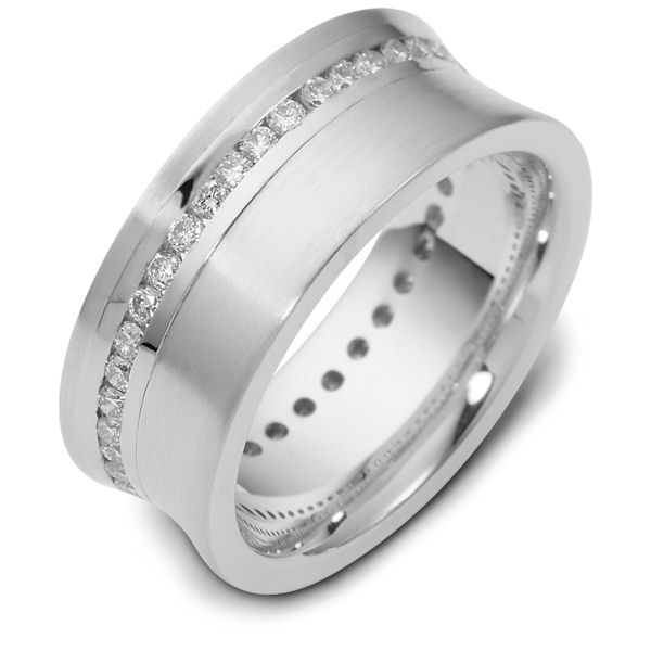 Item # N120191W - 14kt white gold, 8.0 mm wide, comfort fit diamond wedding band. Diamond Total weight is approx. 0.76 ct in size 6. Diamonds are graded VS in clarity and G-H in color. The finish on the ring is matte. Other finishes may be selected or specified. 
