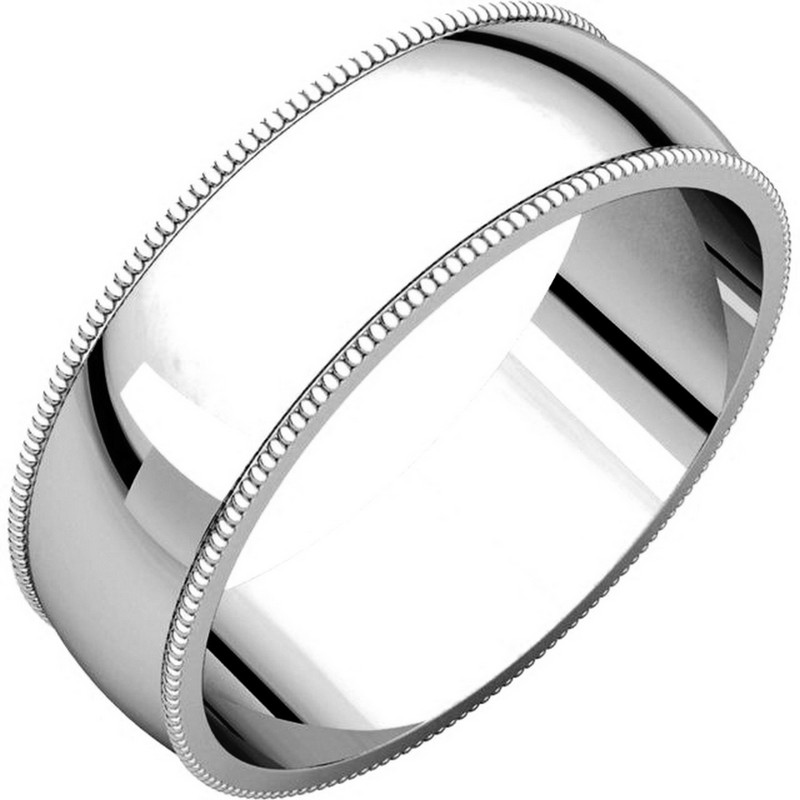 Item # N23886WE - 18kt white gold, 6.0 mm wide, milgrain edge wedding band. The finish on the ring is polished. Other finishes may be selected or specified.