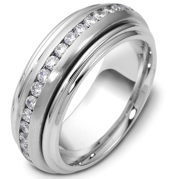 Item # P112161W - 14 K white gold 8.0 mm wide, center piece rotating, spinning diamond ring, 1.0 ct tw diamonds in a size 6. Diamonds are graded as VS in clarity and GH in color. The center of the ring is matte and the outer edges are polished. Other finishes may be selected or specified. 