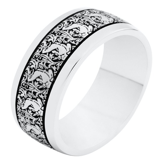 Item # R11011W - 14K white gold, 8.0mm wide, comfort fit  Verona Lace Romeo wedding band.