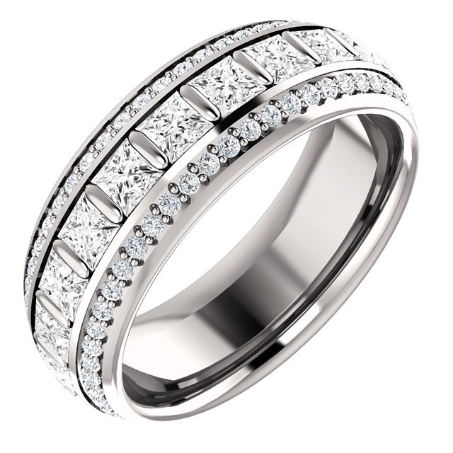 Item # S127667WE - Diamond eternity band 18K white  gold. The ring in size 6 holds 22 princess cut diamonds and 100 round brilliant cut diamonds. the diamonds total weight in size 6.0 is approximately 1.87ct. the diamonds are graded as VS in clarity G-H in color.