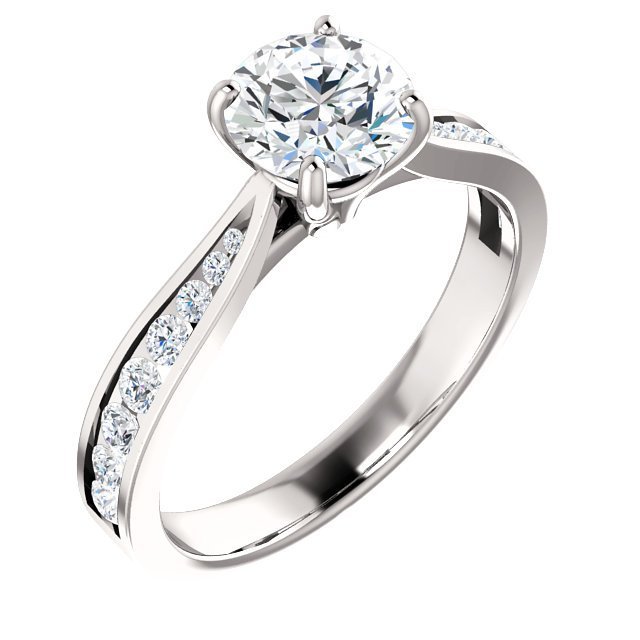 Item # S128692APP - Platinum diamond engagement ring. The ring holds 16 round brilliant cut diamonds with total weight of 0.33ct. The diamonds are graded as SI1 in clarity H in color. The ring in the center holds one round brilliant ideal cut diamond GIA certified, G in color SI1 in clarity.