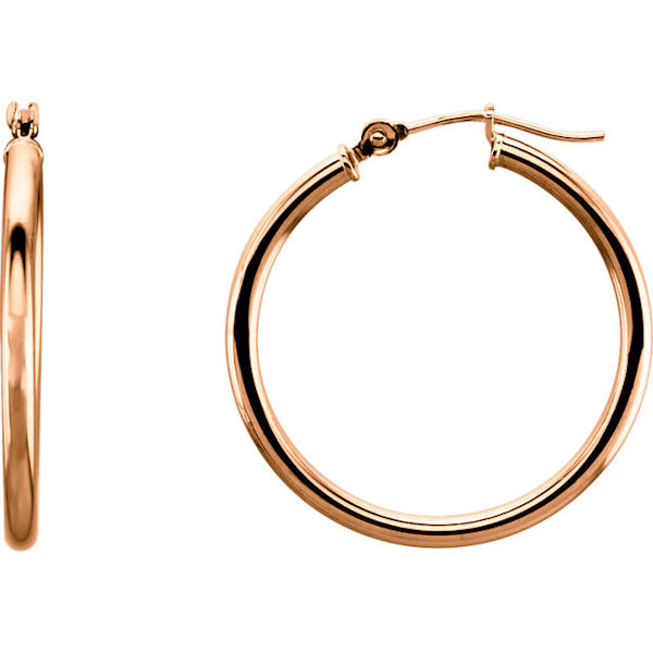 Item # S25948R - 14kt rose gold hoop earrings with a hinge. The earrings are 25 mm in size. 
