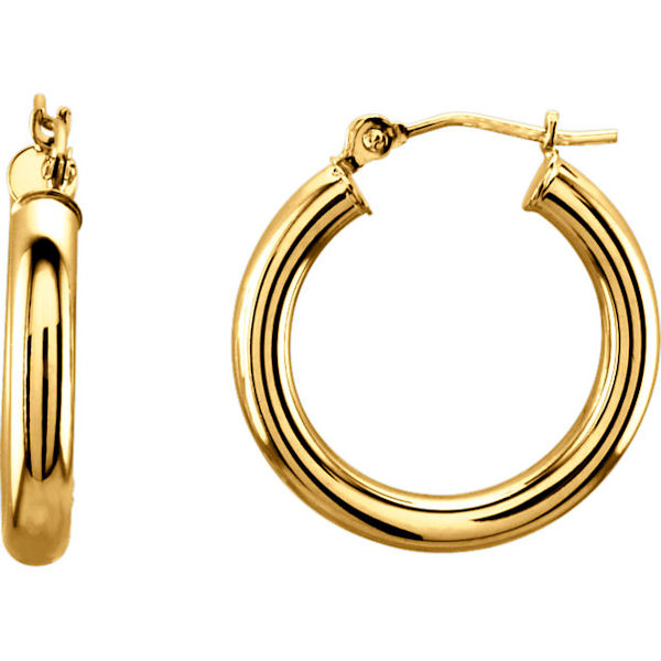 Item # S26504 - 14kt yellow gold hoop earrings with a hinge. The earrings are 20 mm in size. 