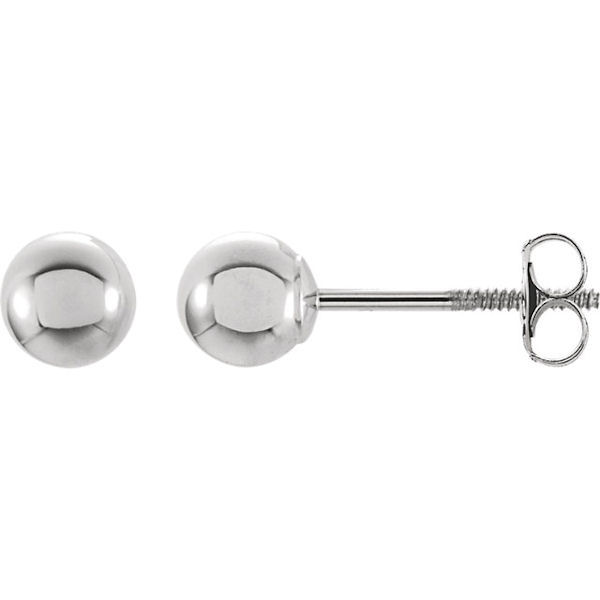 Item # S296105W - 14kt white gold, round, ball stud earrings. The earring size is 5.0 mm. 