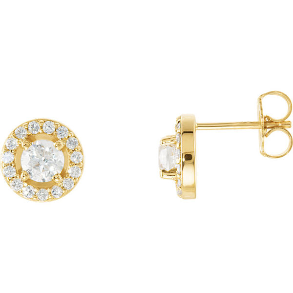 Item # S339863 - 14kt yellow gold, diamond halo stud earrings. The diamonds are 0.375 ct tw, SI1-2 in clarity and G-H in color. The earrings have a friction back. 