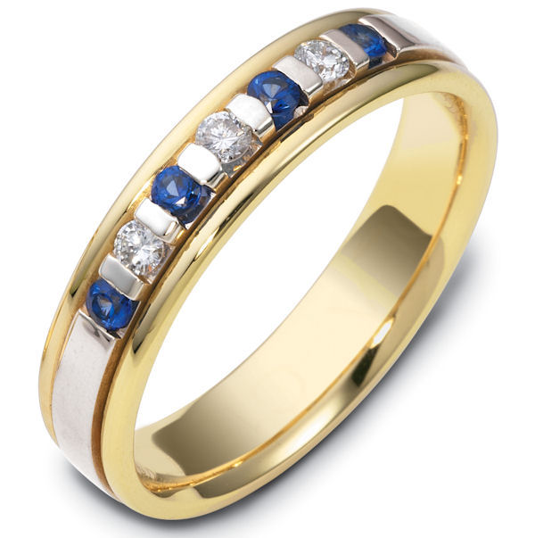 Item # S47243 - 14kt Two-tone gold sapphire, diamond, comfort fit, 4.5mm wide wedding band. The ring has approximately 0.12 ct tw diamonds, VS1-2 in clarity and G-H in color, and about 0.24 ct tw genuine sapphires. There are 3 round brilliant cut diamonds and 4 round genuine sapphires. It is 4.5mm wide and comfort fit. The center is brushed and the rest of the ring is polished. Other finishes may be selected or specified.