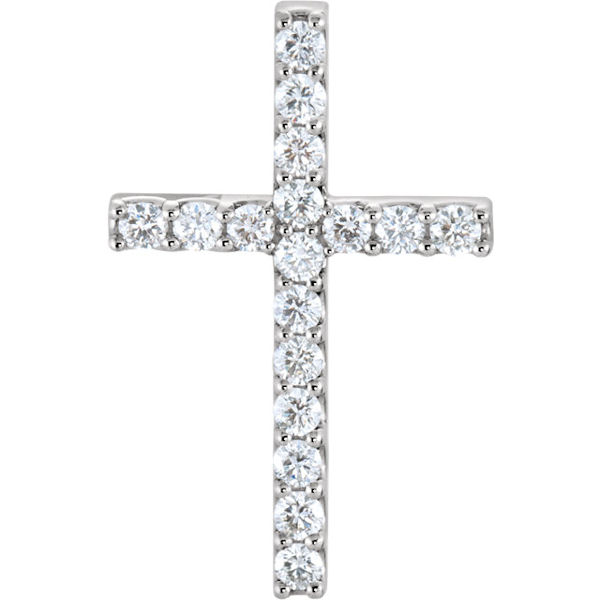 Item # S47835W - 14kt white gold, diamond cross necklace. The diamonds are about 0.34 ct tw, SI1-2 in clarity and G-H in color. The pendant hangs on an 18