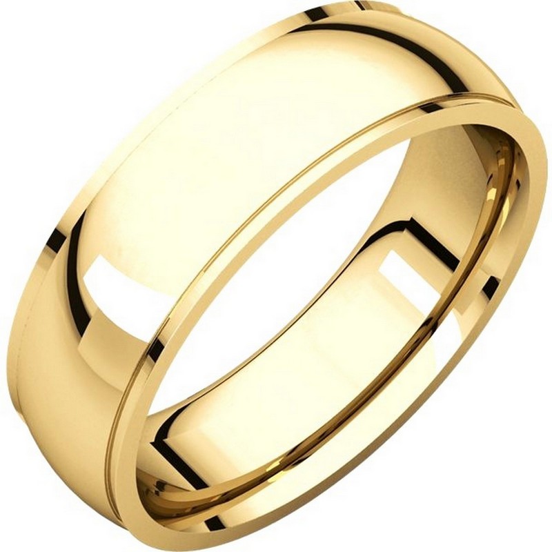Item # S5870E - 18K yellow gold  comfort fit 6.0 mm wide wedding band with defined edge. The finish on the wedding ring is polished. Other finishes may be selected or specified.
