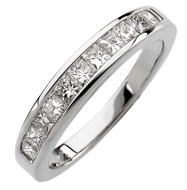 Item # S67858WE - 18K white gold diamond anniversary ring. The ring has 11 princess cut diamonds with total weight of 0.75ct. The diamonds are graded as VS in clarity G-H in color.