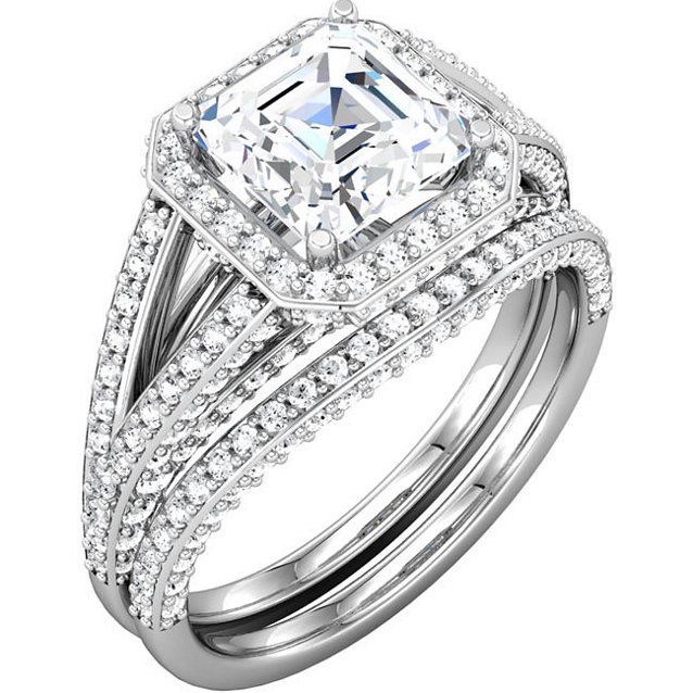Item # S74604WE View 3 - 18K Asscher Shape Engagement Ring With Halo.