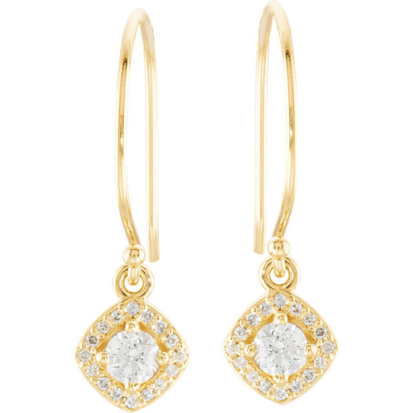 Item # S753877 - 14kt yellow gold, diamond, dangle halo earrings. The diamonds are about 0.75 ct tw, SI1-2 in clarity and G-H in color. 