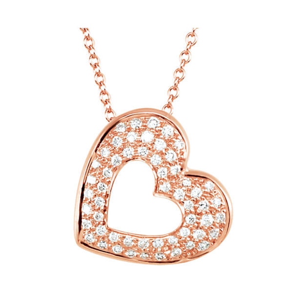 Item # S75631R - 14kt rose gold, 0.25 ct tw, SI1-2 in clarity and G-H in color, diamond heart pendant. The pendant hangs on an 18