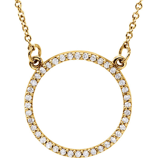 Item # S89833 - 14kt yellow gold, 0.20 ct tw diamond, SI1-2 in clarity and G-H in color, circle necklace. The pendant hangs on a 16