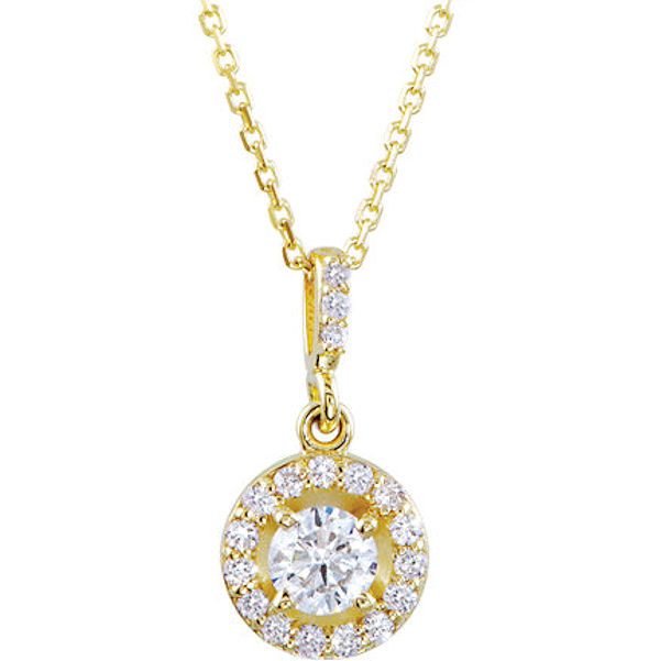 Item # S90982 - 14kt yellow gold, 0.50 ct tw diamond, SI1-2 in clarity, and G-H in color, halo necklace. The pendant hangs on an 18