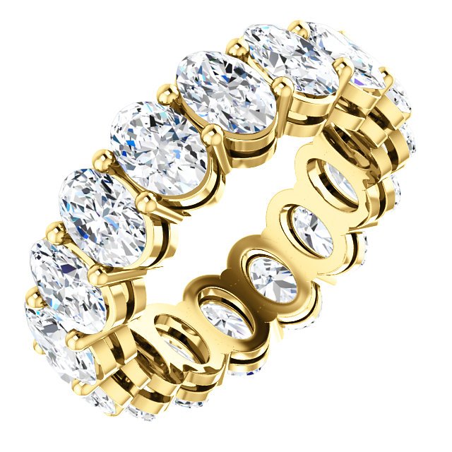 Item # SO128658 - Lab-Grown 14K yellow gold diamond eternity band. The band in size 6.0 holds 16 matching oval shape brilliant diamonds each measuring 6.0X4.0mm. The diamonds together weigh approximately 8.0ct in size 6.0. The diamonds are graded as VS1 in clarity G in color.