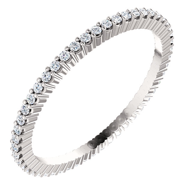 Item # SR127785025WE - 14K white gold eternity band. The band in size 6.0 holds 51 round brilliant cut diamonds with total weight of approximately 0.25ct. The diamonds are graded as SI in clarity G-H in color.