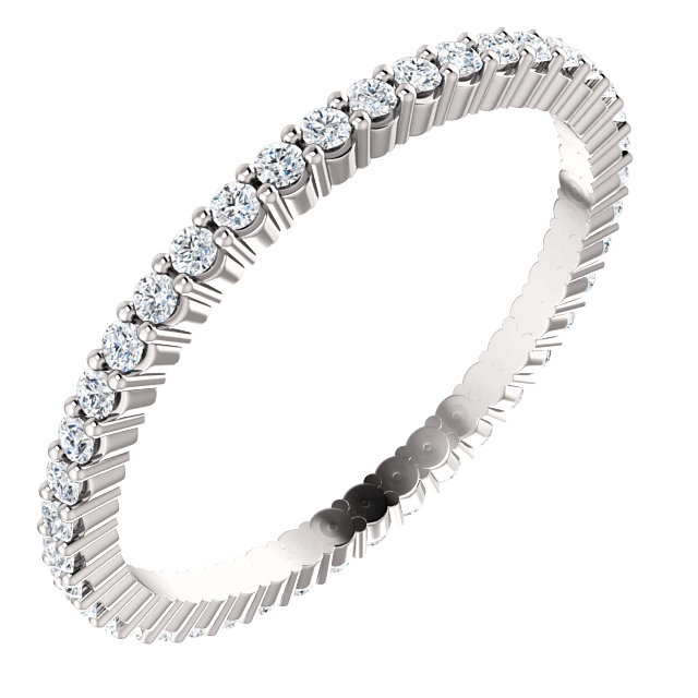 Item # SR127785038PP - Platinum eternity band. The band in size 6.0 holds 40 round brilliant cut diamonds with total weight of approximately 0.38ct. The diamonds are graded as VS in clarity G-H in color.