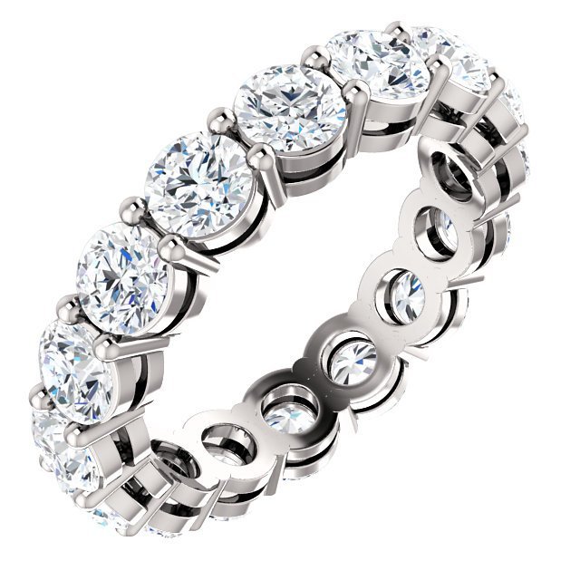 Item # SR127785PP - Lab-Grown Round brilliant diamond eternity ring in platinum. The ring holds 16 round brilliant cut diamond each measuring approximately 3.75mm in diameter. The diamonds together weigh approximately 3.2ct in size 6.0. They are graded as G-H in color and VS1-2 in clarity.