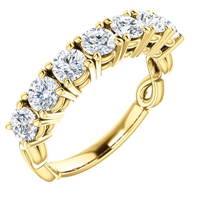 Item # SR128541E - 18K yellow gold 7 diamonds anniversary ring with infinity symbol on the sides. Diamonds together weigh approximately 1.50ct. The diamonds are graded as G-H in color and VS in clarity.